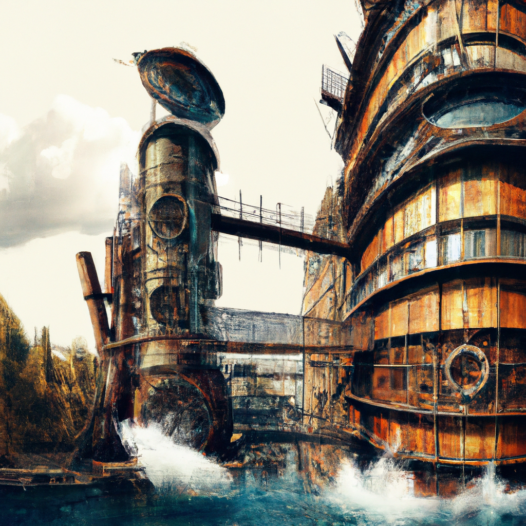steampunk architecture, exterior view, award-winning architectural photography from magazine, trees, theater Show a fish talking to a chemical engineer